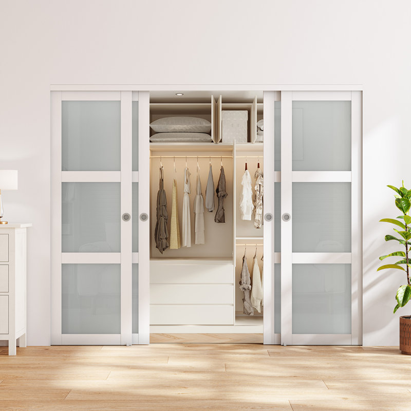 Portes de garde-robe coulissantes en verre givré double avec trousse de quincaillerie d'installation, 96 po x 80 po, 4, Blanc