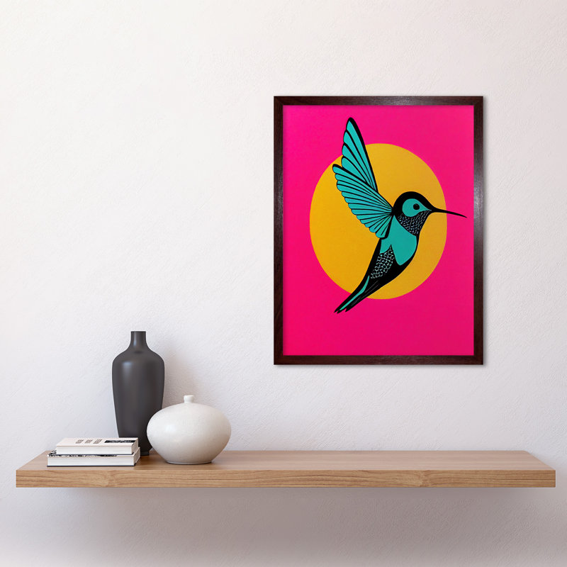 Vibrant Retro Pop Art Hummingbird - Print, Brown Framed Paper, 43cm H x 33cm W x 2cm D