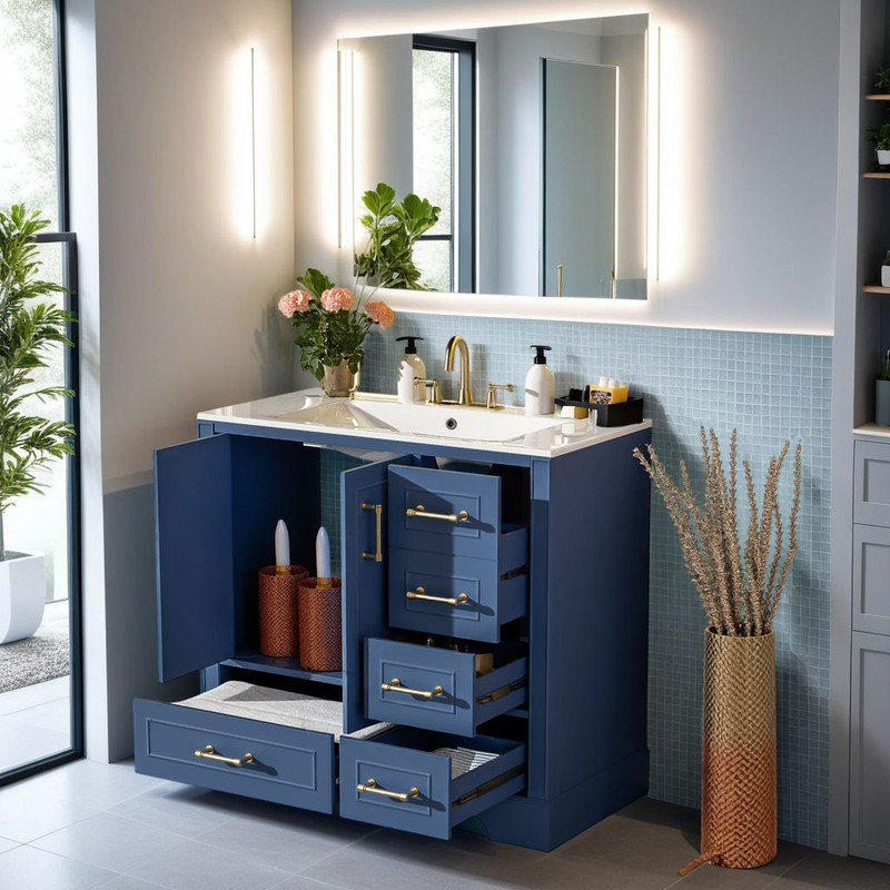 Meuble-lavabo 36 po avec lavabo en céramique, Bleu