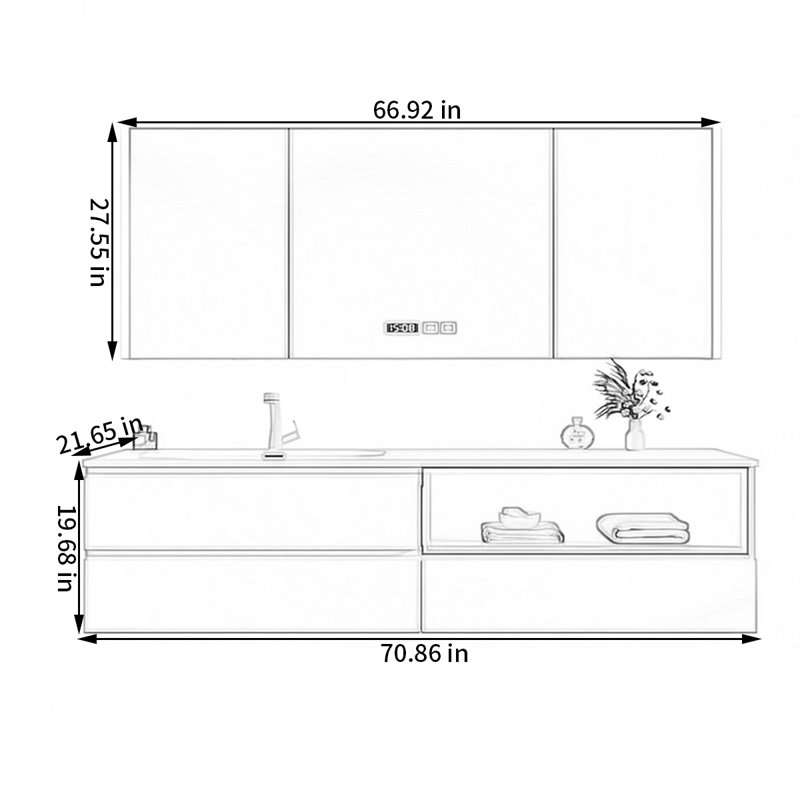 Modern minimalist style bathroom cabinet, 70.86"