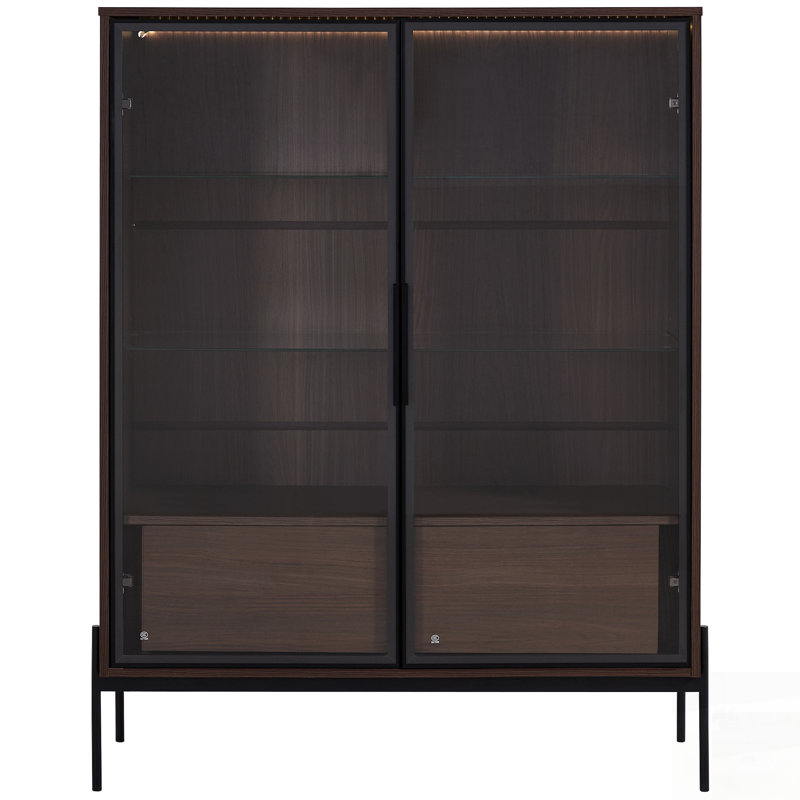 Freestanding Display Cabinet With 2 Storage Drawers, Glass Doors, 4-Tier Adjustable Shelves, And LED Light For Modern Living Spaces