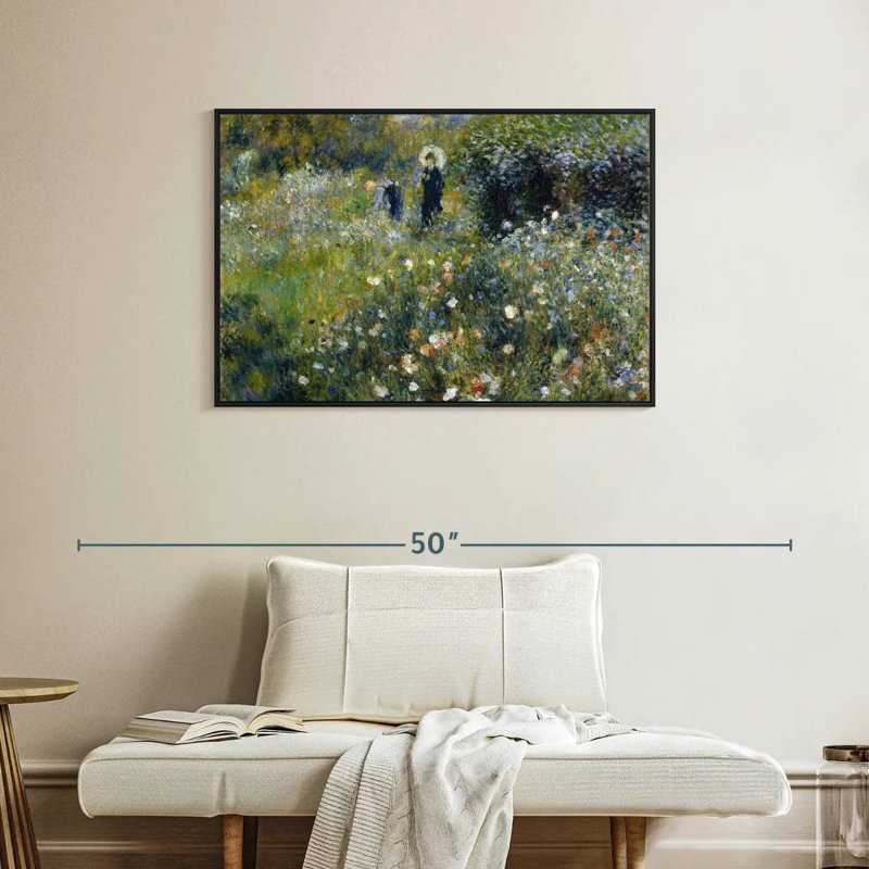 Femme avec un parasol dans un jardin, 37 po x 25 po, Cadre flottant noir