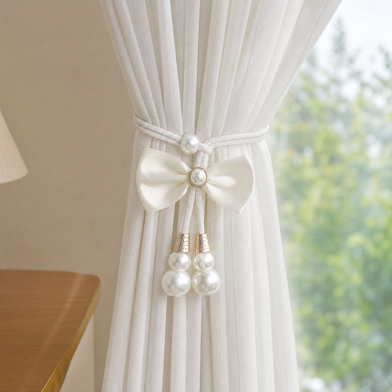 Embrasses de rideaux décoratifs à nœuds avec perles, Blanc