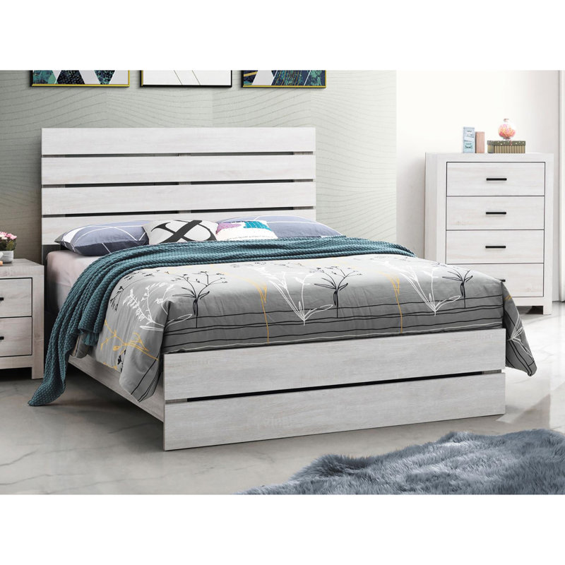 Grand lit à panneau en bord de mer blanc avec motif à lattes - Tête de lit rustique en bois pour chambre à coucher, Ivory