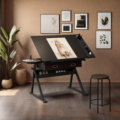Adjustable Height Drafting Table Desk With 2 Drawers, Storage Shelf And Stool