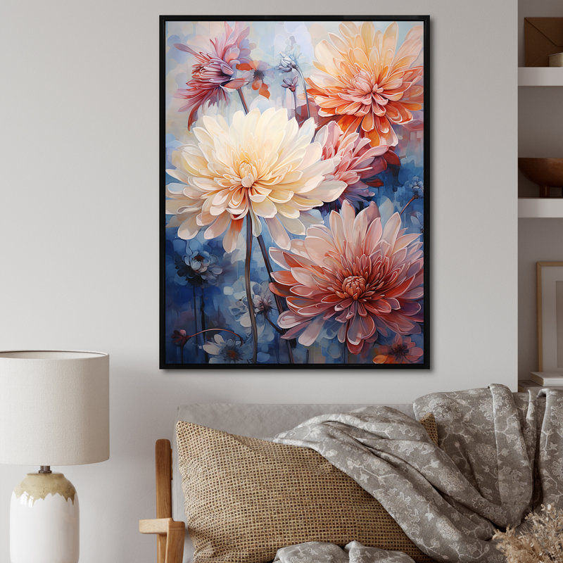 Minimalisme blanc et corail Chrysanthemums - Chrysanthemums Wall Art Living Room, H 32 po x l 16 po x P 1 po