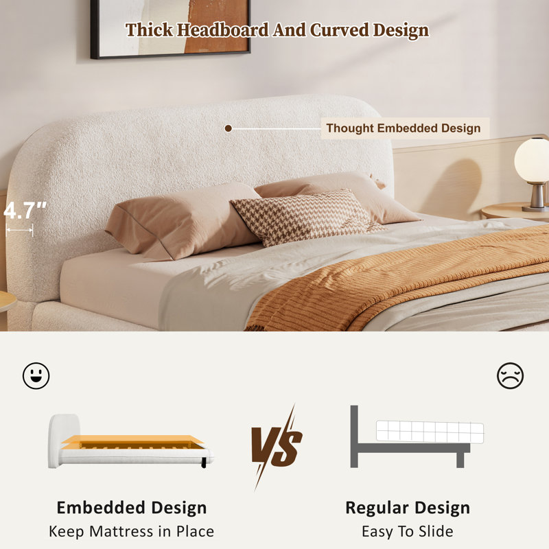 Queen Size Curve-Shaped Headboard Boucle Fabric Upholstered Bed Frame, No Spring Box Needing Bed, Queen, White