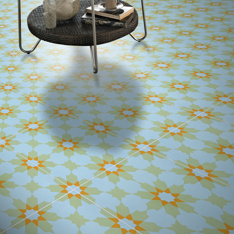 Ahfir 8" x 8" Cement Singular Wall & Floor Tile, Sky Blue/Orange