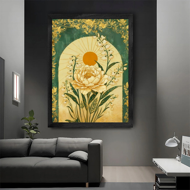 Art mural rétro noir et floral encadré - Impressions encadrées luxe Boho, H 11 po x l 9 po