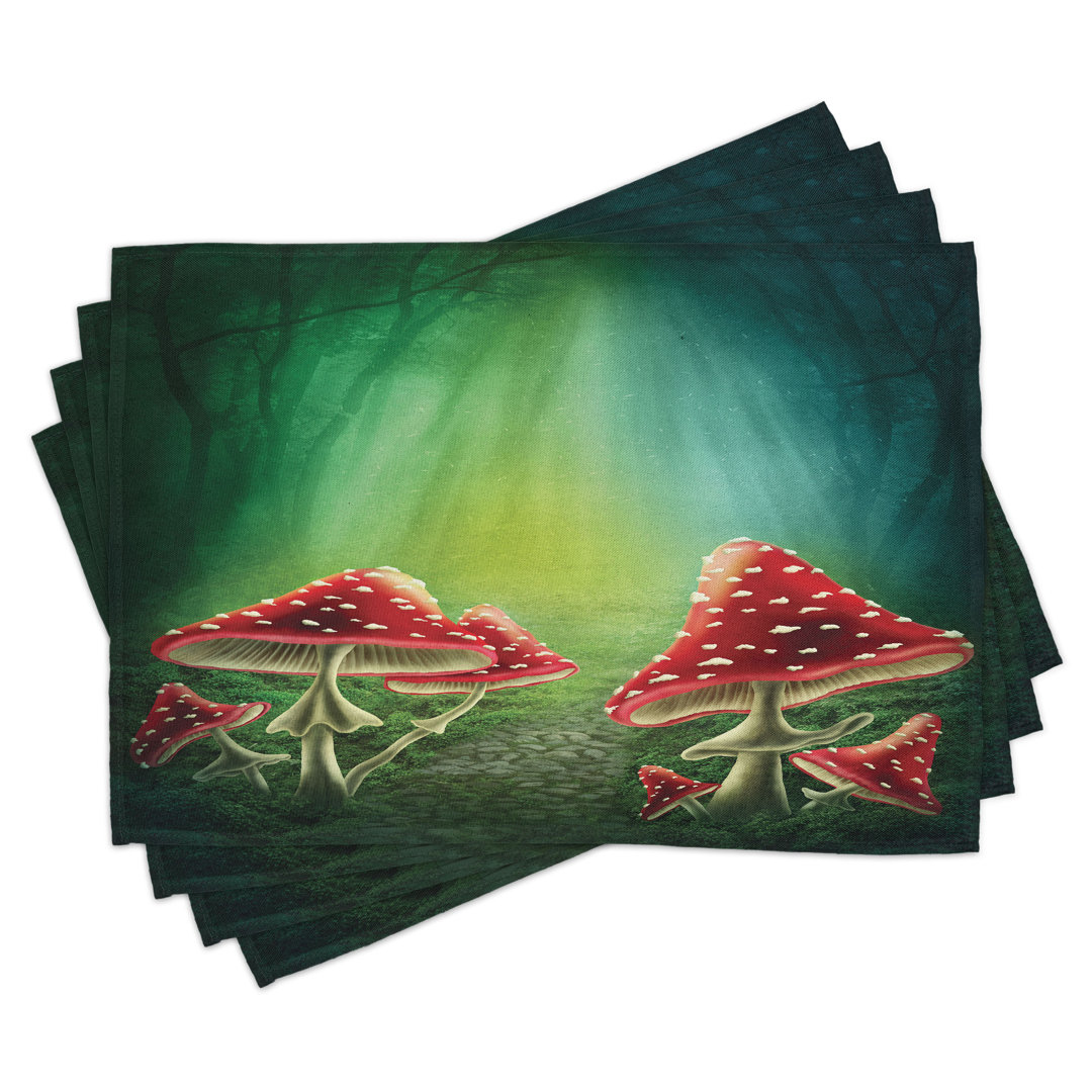 Platzdeckchen 4er-Set, Mysteriöse Pilze, Seegrün Rot Creme