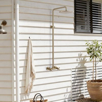 49"H Wall Mounted Outdoor Shower Fixture with Rainfall Shower Head, Solid Brass Hot & Cold Dual Handle Valve, Adjustable Height Exposed Shower System for Pool Patio Backyard Beach House