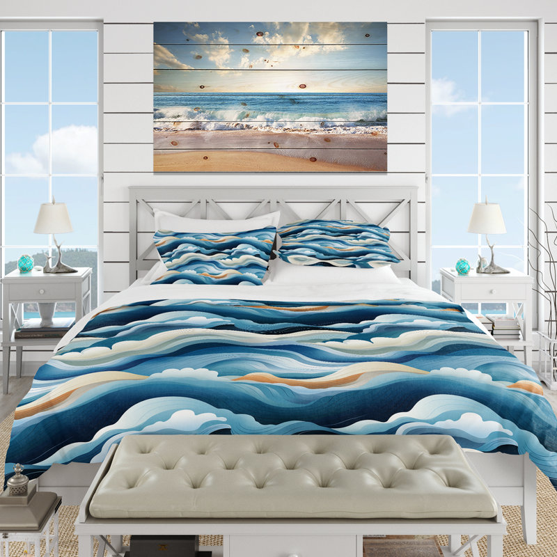 Literie à vagues bleues et blanches, Housse de couette pour très grand lit et 2 très