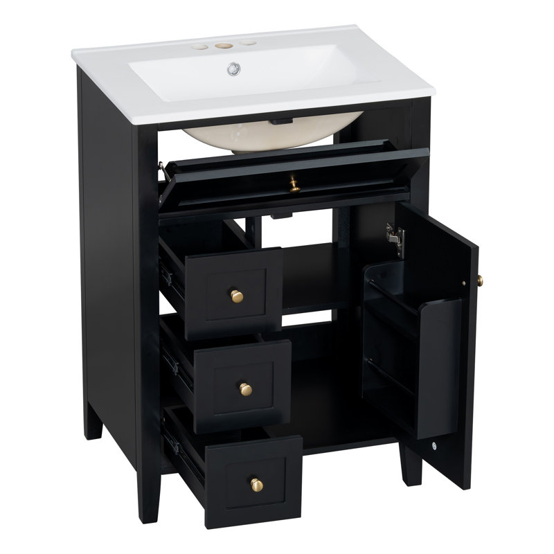 24" Bathroom Vanity With Ceramic Top, Black