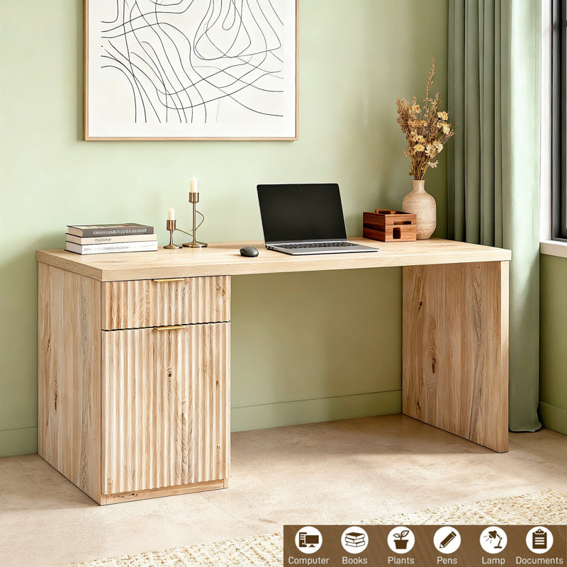 60"W Fluted Executive Desk With Storage, Modern Computer Desk With Drawer & Cabinet, Natural Oak