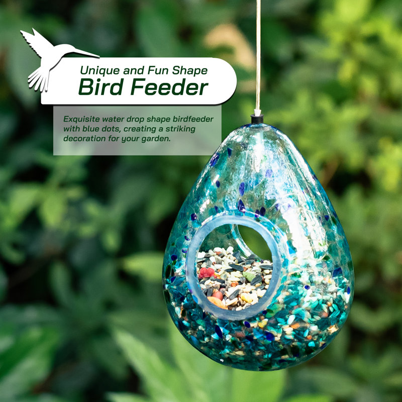 6.75" Blue and Green Glass Teardrop Hanging Bird Feeder