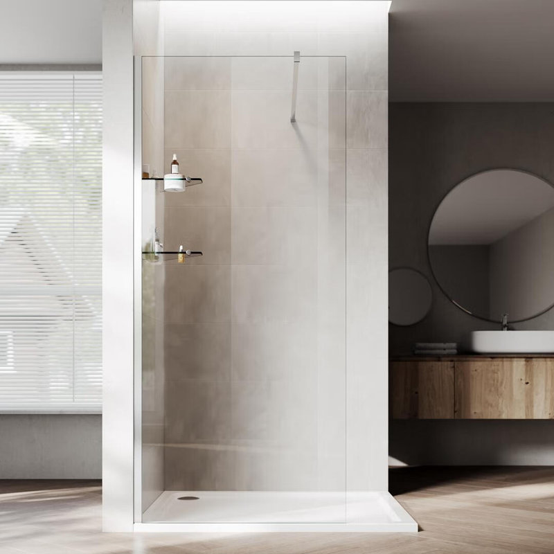 34”W*74”H Frameless Shower Screen with 8mm Clear Tempered Glass, Glass Shelves, Chrome