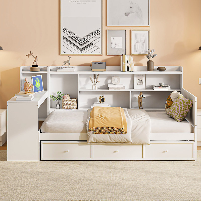 Lit de jour simple avec 3 tiroirs, ports et bureau en bois de pin massif pour le confort de la chambre à coucher