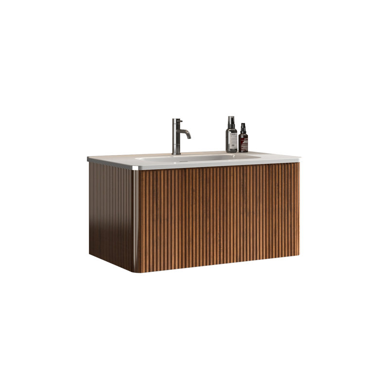 Gustavs Wall Mounted Single Bathroom Vanity with Ceramic Top, Walnut, 30"