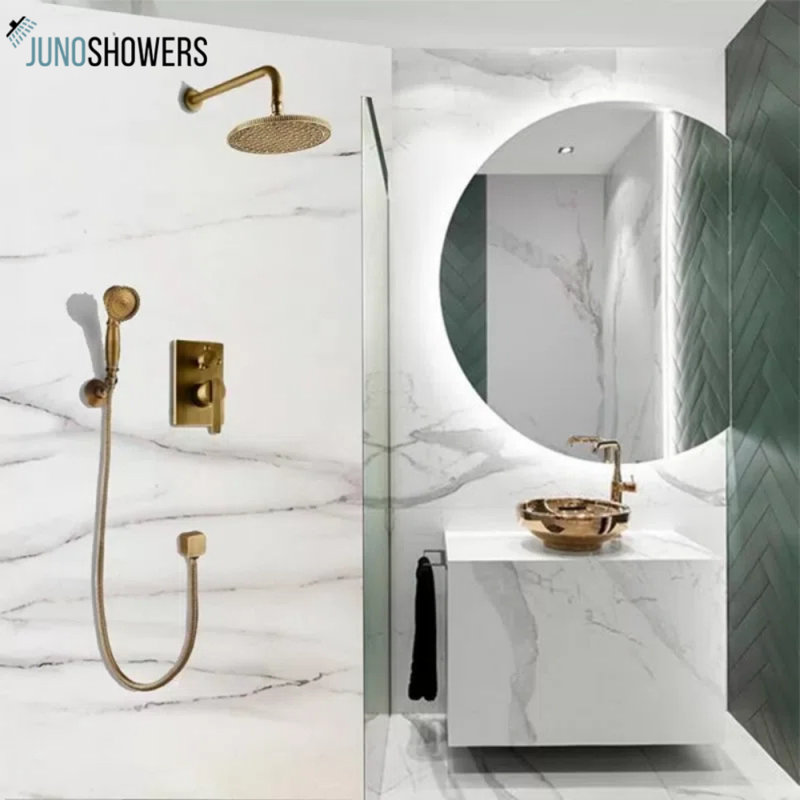 Juno Antique Brass Wall-Mounted Shower System with 8-Inch Head, Handheld Shower & Single Handle Mixer