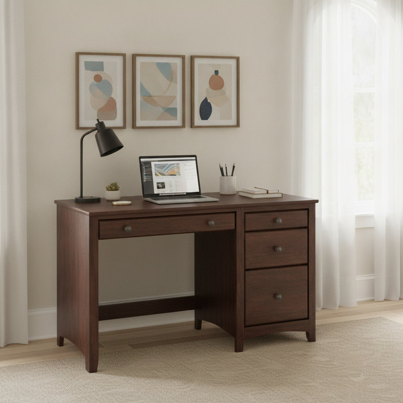 Bureau en bois massif 4 tiroirs Malani, Brown Mahogany