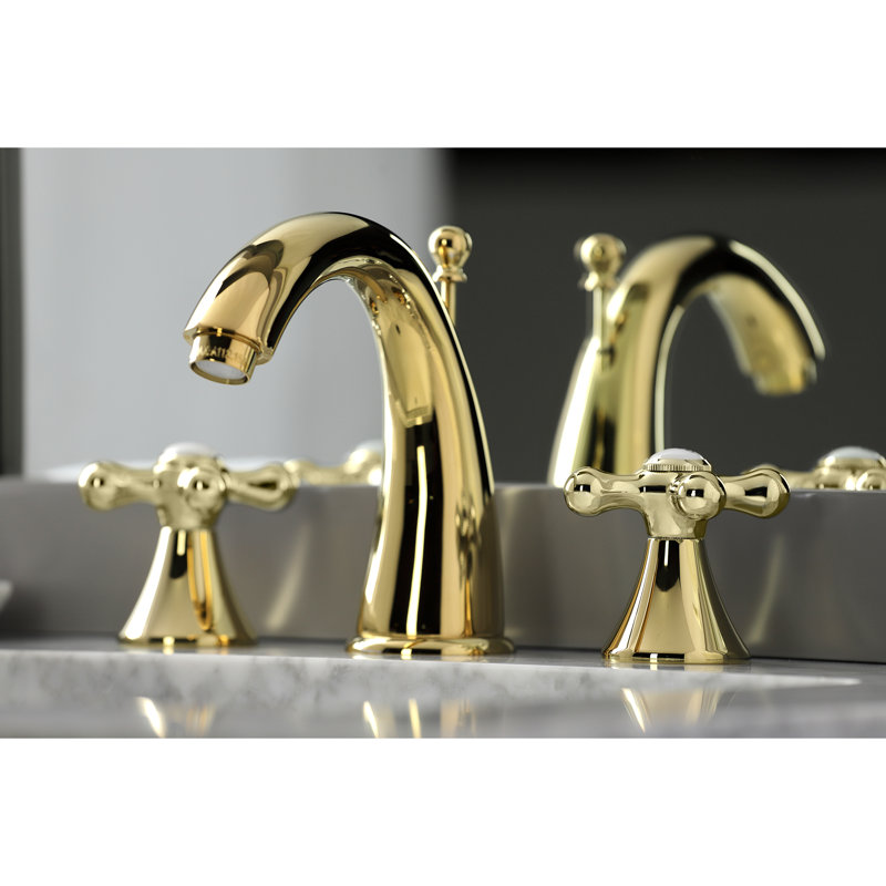 Kingston Brass Naples Two-Handle 3-Hole Deck Mount Widespread Bathroom Faucet with Brass Pop-Up Drain, Polished Brass