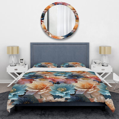 Bleu et beige métallique II - ensemble de housse de couette floral - microfibre de polyester