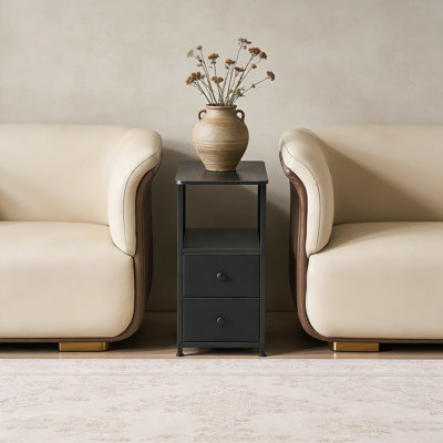 Table de bout mince avec station de charge et lumières DEL intelligentes, table de chevet étroite avec 2 tiroirs et tablettes ouvertes pour le rangement de la chambre à coucher et du salon
