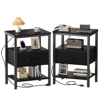Nightstand with Built-in Charging Station, Bedside Table with Adjustable Fabric Drawer and 3-Tier Storage End Table