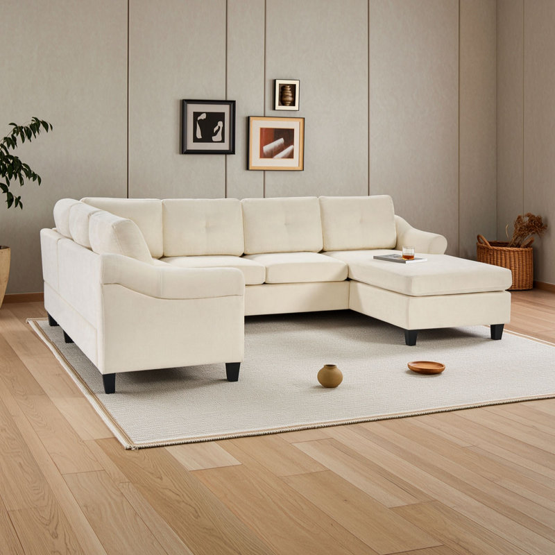 Canapé d'angle en forme de U avec dossier, accoudoirs et coussins de dossier capitonnés, Beige