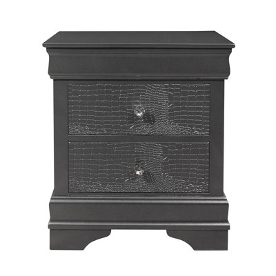 Metallic Grey Nightstand With Gorgeous Textured Drawer And Stable Base Contemporary Style In Grey, Crystal Accents