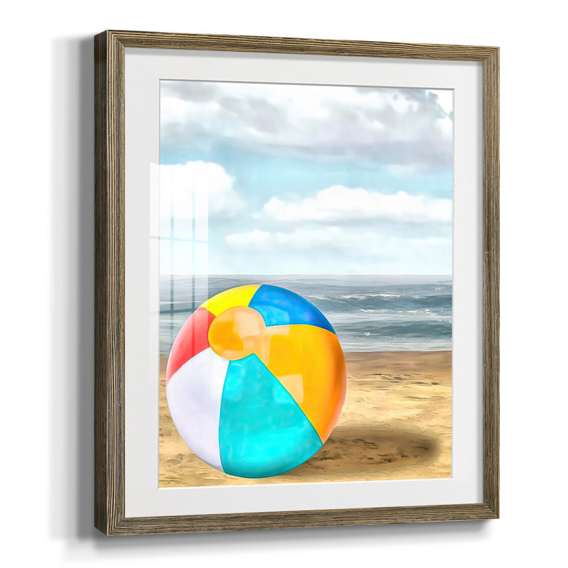 Beach Ball I, Blanc, Papier avec cadre noyer