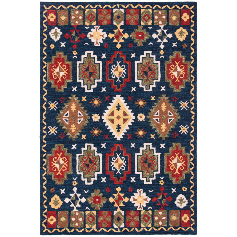 Tapis oriental bleu marine en laine touffeté à la main Gradin, Rectangle 6 pi x 9 pi