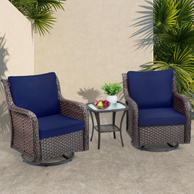 Ensemble de chaises bistro d'extérieur pivotantes en osier avec table, ensemble bistro d'extérieur 3 pièces avec coussins épais de 4 po et table basse pour porche, balcon, terrasse
