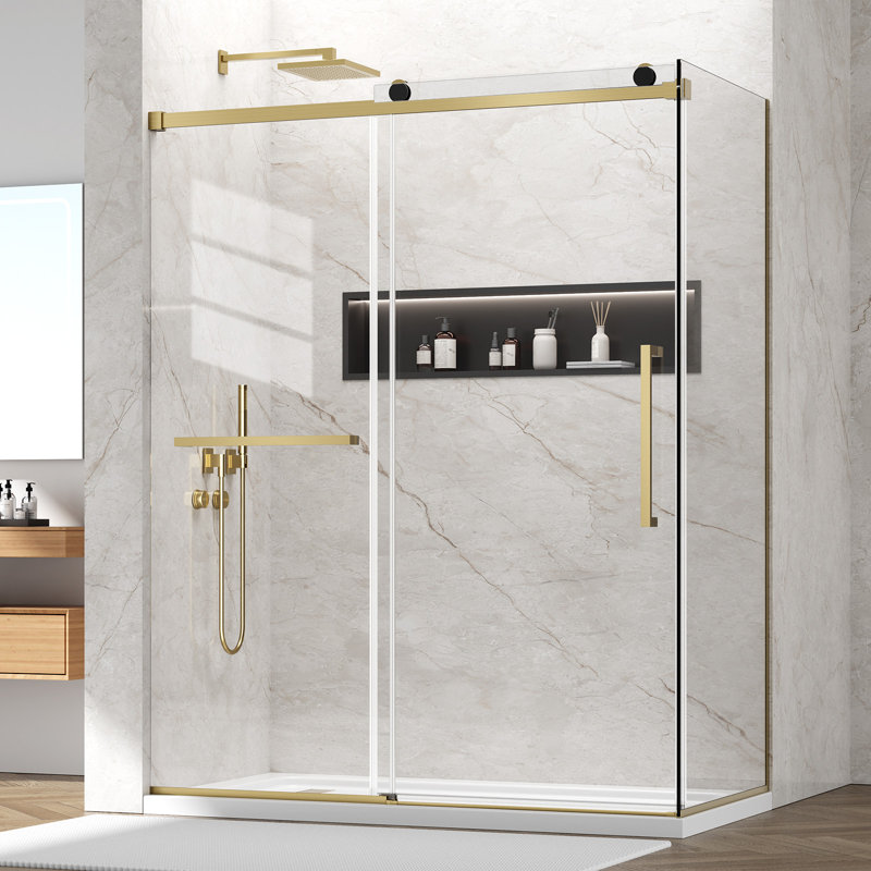 Yttsoyts 56-60”W X 32"D X 76"H Frameless Shower Enclosure, 5/16"(8Mm) Thickened Tempered Glass Corner Shower Door, Single Sliding Shower Stall With Double Sided Nano Coating, Brushed Gold