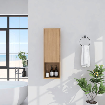 12 Inch Small Wall-Mounted Side Cabinet With Soft Closing Door, Light Oak