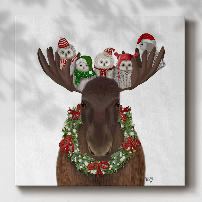 «Christmas Moose And Christmas Owls» sur toile, H 10 po x l 10 po x P 1,5 po