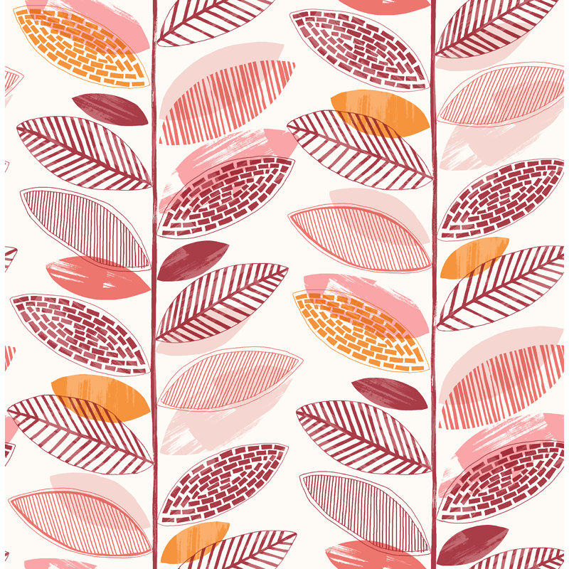 Papier peint feuilles vertes Araina, Corail