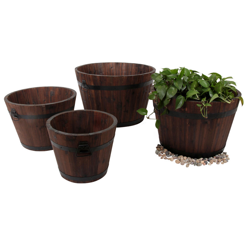 Rustic Brown Cypress Wood Barrel Planter Set of 4