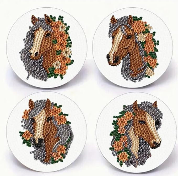 Set of 4 5D Diamond Painting Horse Coasters DIY Diamond Coasters Kit 