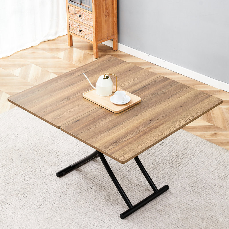 Table relevable multifonctionnelle avec pattes en métal noir de 2 cm d'épaisseur, aspect bois, idéale pour coiffeuse, bureau ou espace de travail. Coins arrondis, design moderne et épais. Utilisations multiples : table basse, table à manger, etc. Montage facile.