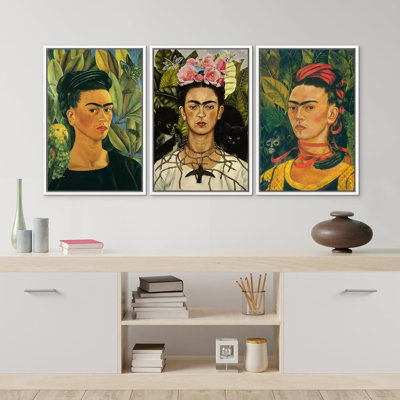 Famous Artwork Human and Nature Floral Self Portrait by Frida Khalo Framed On Canvas 3 Pieces Print
