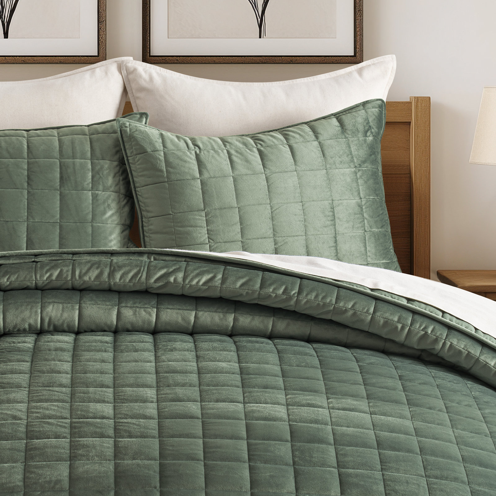 Velvet Quilt Set, King Quilt + 2 King Shams, Olive Green