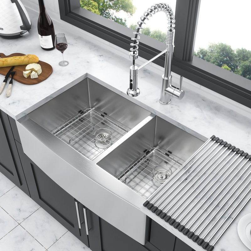 Évier de cuisine double, 36 po, acier inoxydable, calibre 16, guide en forme de X, tampon, nickel brossé, grille de vaisselle, grille de séchage 36 po, pinces d'installation