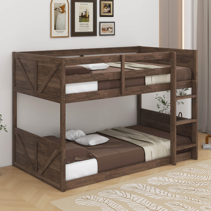 Twin Over Twin Floor Bunk Bed With Panelled Headboard And Footboard, Antique Oak