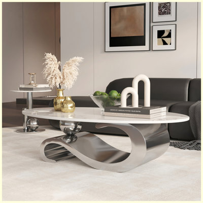 Table basse en métal argenté, piédestal en acier inoxydable et plateau en faux marbre, table de salon moderne