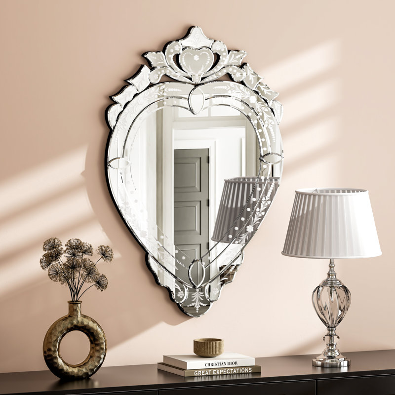 Venetian-inspired Etched Heart-shaped Decorative Wall Mirror, 37.4"H x 24.8"W