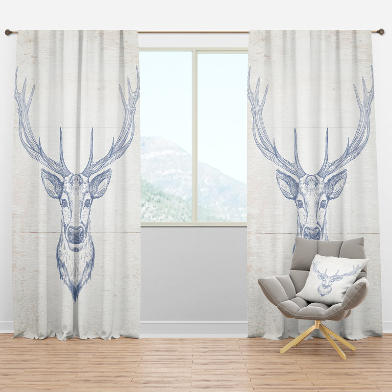 Rideau simple semi-transparent Deer Wild and Beautiful, l 52 po x L 108 po, Bleu/blanc