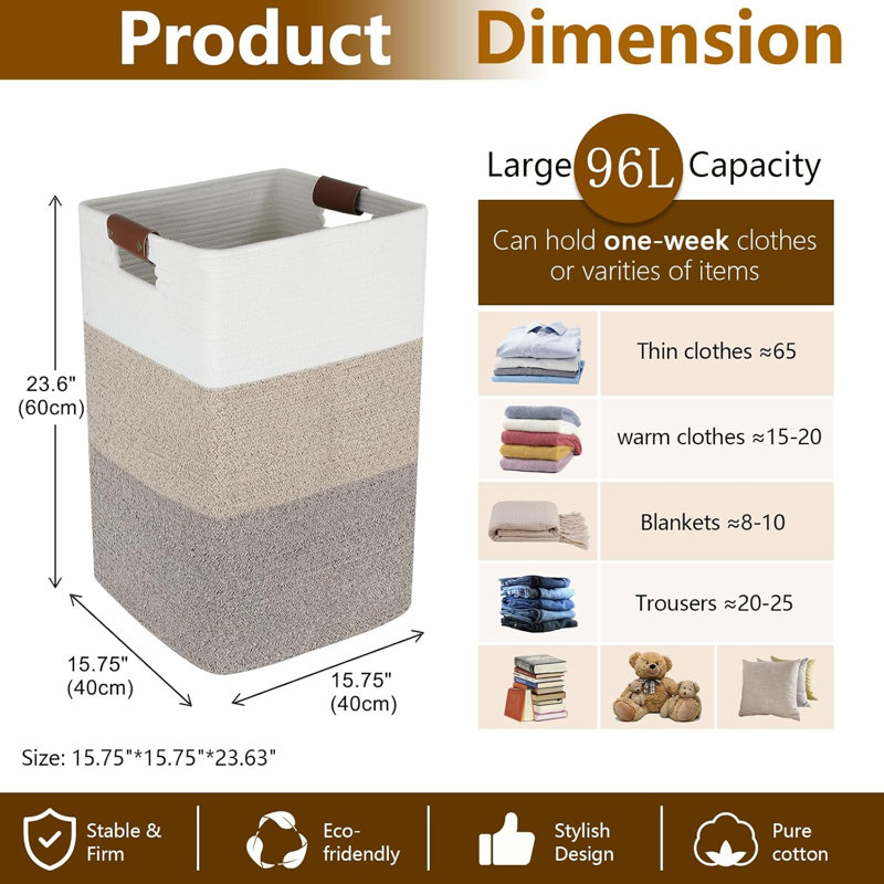 Extra Large Laundry Hamper Basket With Handles - 96L Woven Cotton Storage Organizer For Clothes, Blankets, Pillows, Toys - Sturdy & Stylish Home Decor