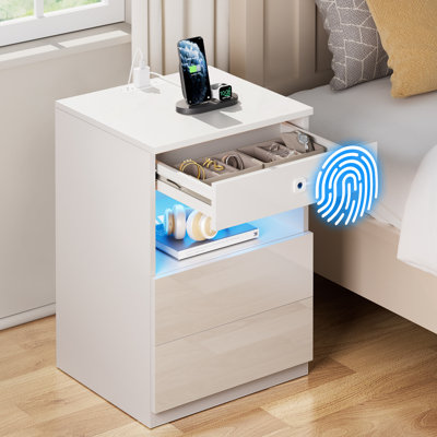Nightstand With LED Lights & Power Outlet & Fingerprint Lock