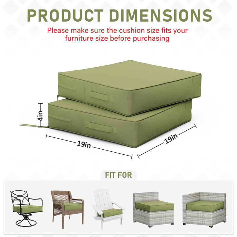 Coussins de siège d'extérieur (ensemble de 2), Vert clair, 4 pouces, L 19 po x P 19 po